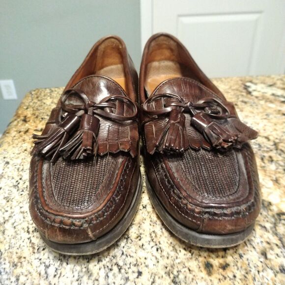 Johnston & Murphy Mens 7.5 M Brown Italian Leather Tassle Weave Loafers Shoes - Picture 2 of 12